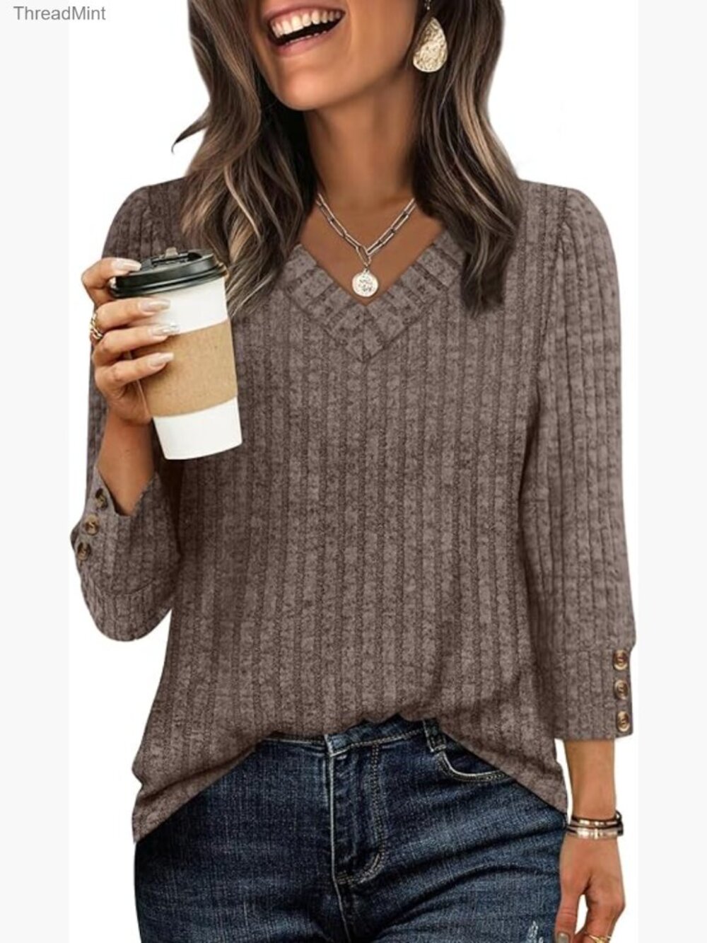 Women's V-Neck 3/4 Sleeve Tunic Top Soft Lightweight